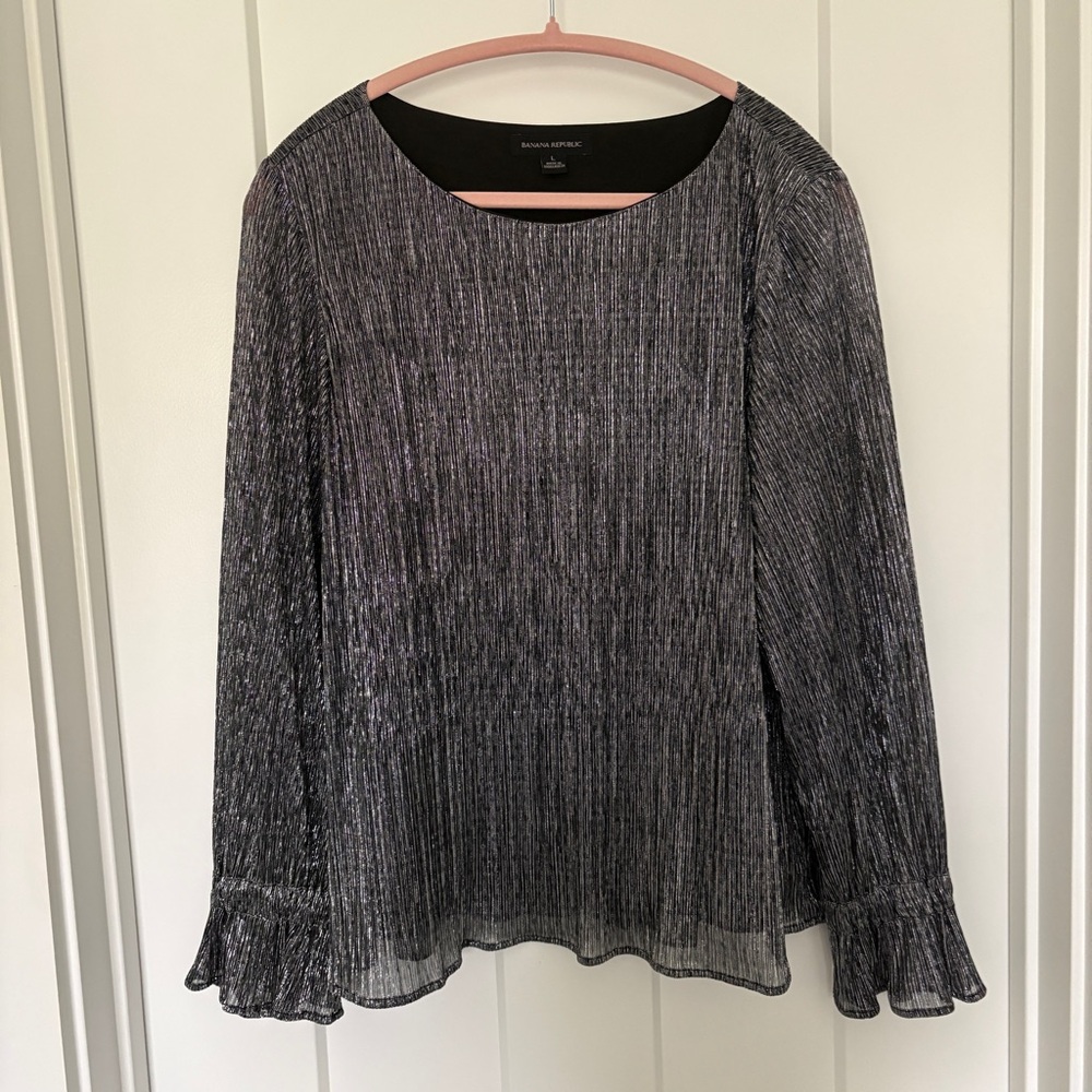 Banana Republic Metallic Silver Thread Circular Flounce Sleeve Blouse L Large